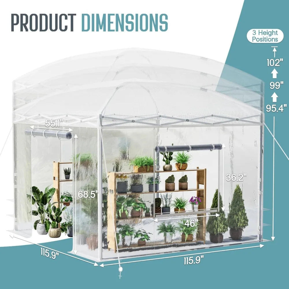 10×10×8.5 FT Outdoors Pop-up Greenhouses with Adjustable Reinforced Frame, Portable Walk in Greenhouse with 2 Roll-up