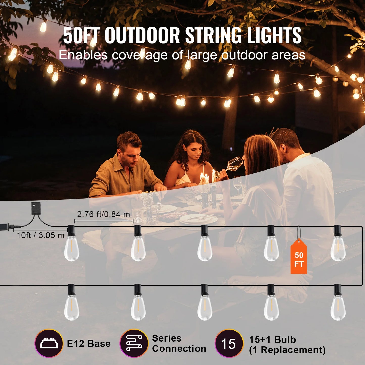 SucceBuy LED Outdoor String Lights 2700K Dimmable Outside Patio Waterproof Hanging Lights for Porch Backyard Garden Balcony