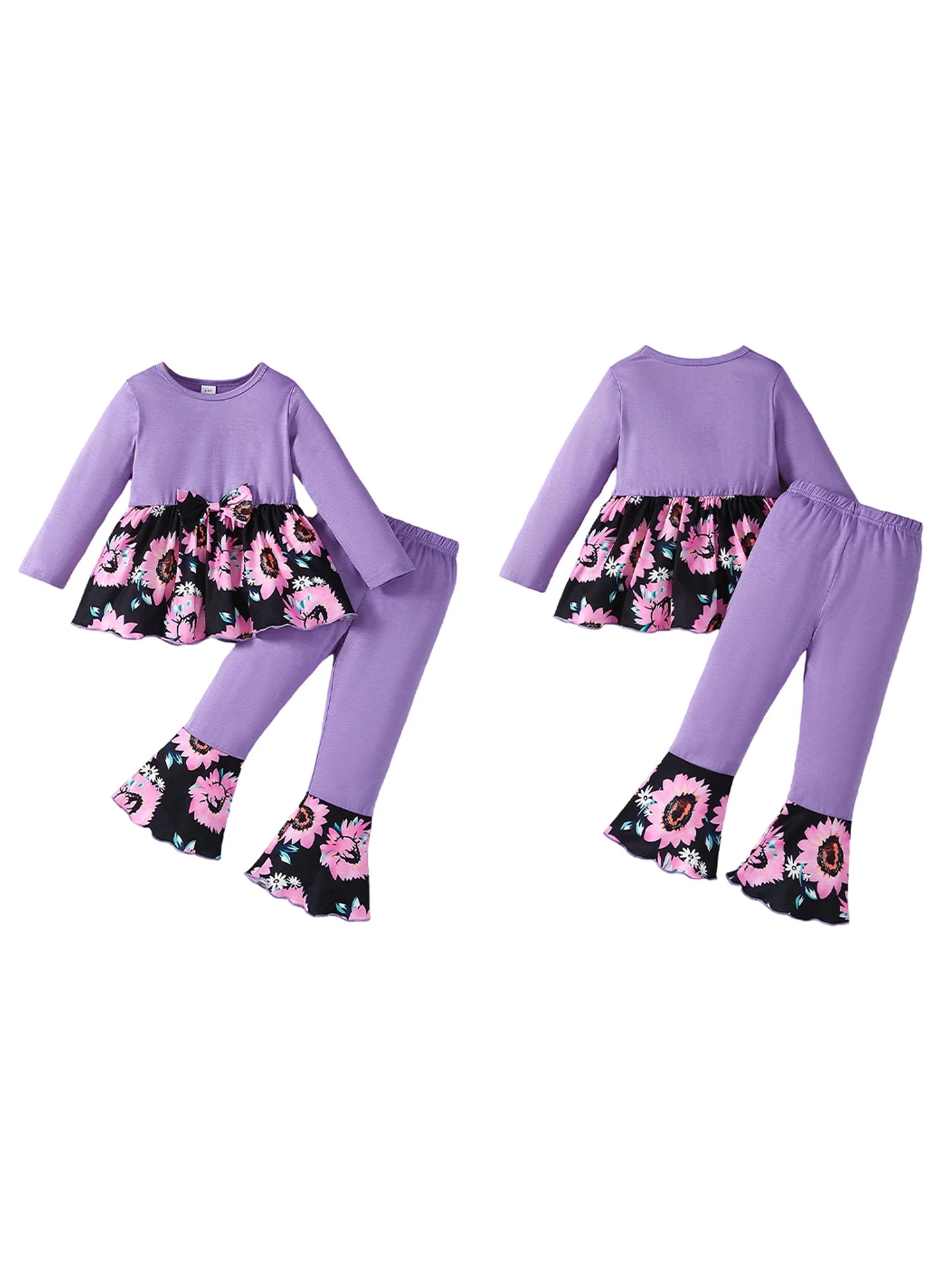 Girls Autumn Fashion Floral Print Round Neck Long Sleeve Top and Flared Pants 2-Piece Outfit Set for Kids