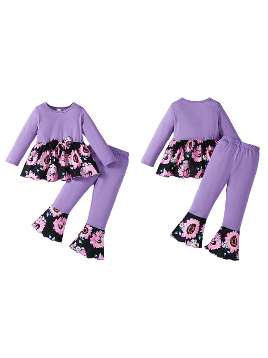 Girls Autumn Fashion Floral Print Round Neck Long Sleeve Top and Flared Pants 2-Piece Outfit Set for Kids