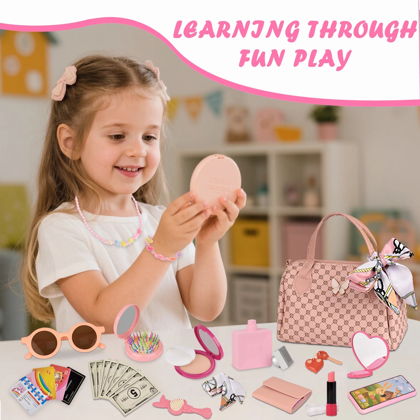 Princess Playset for Girls: Stylish Makeup Kit with Handbag, Phone, Wallet & Fake Cosmetics – Perfect Gift for Kids Aged 3+