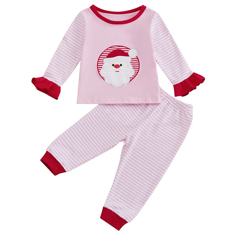 Toddler Girls 2-piece Set Festive Long Sleeve Santa Claus T-shirt with Matching Striped Pants for Christmas Celebration