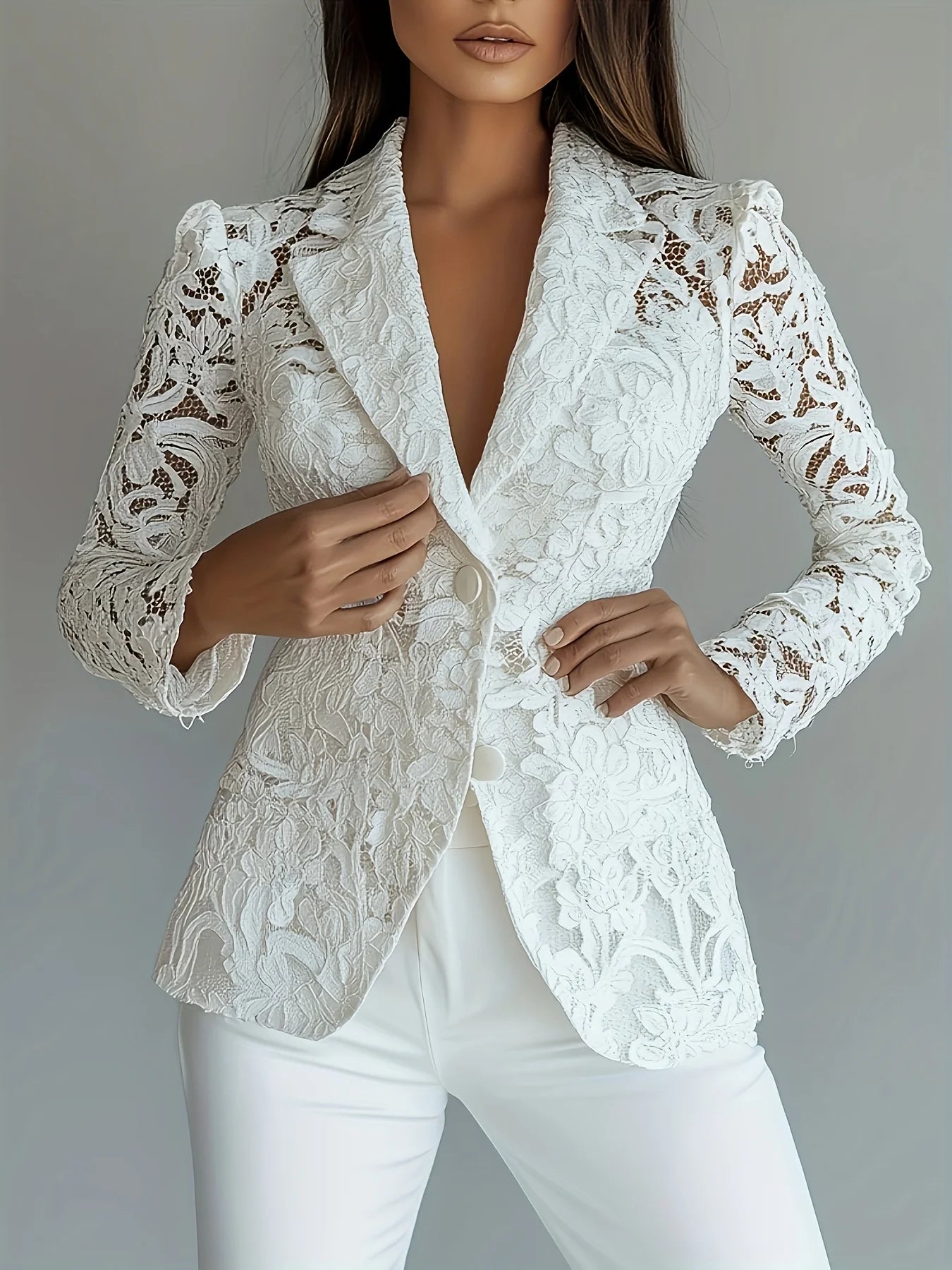 Elegant Lace Trimmed Womens Blazer Notch Lapel White