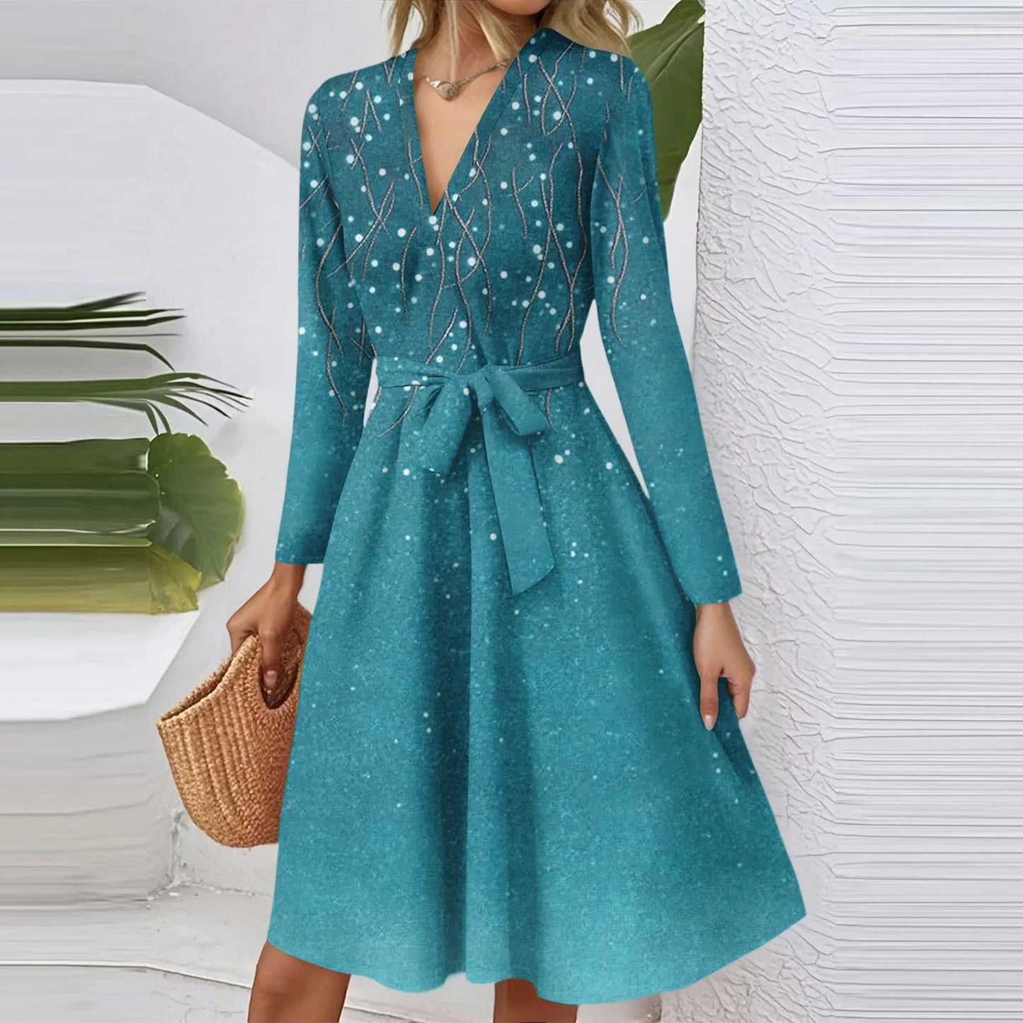 Women'S Fashion Casual V-Neck Long Sleeve Waist Floral Print Midi Dress Vestidos Para Mujer Female Dress Y2k Traf Roupas Feminin