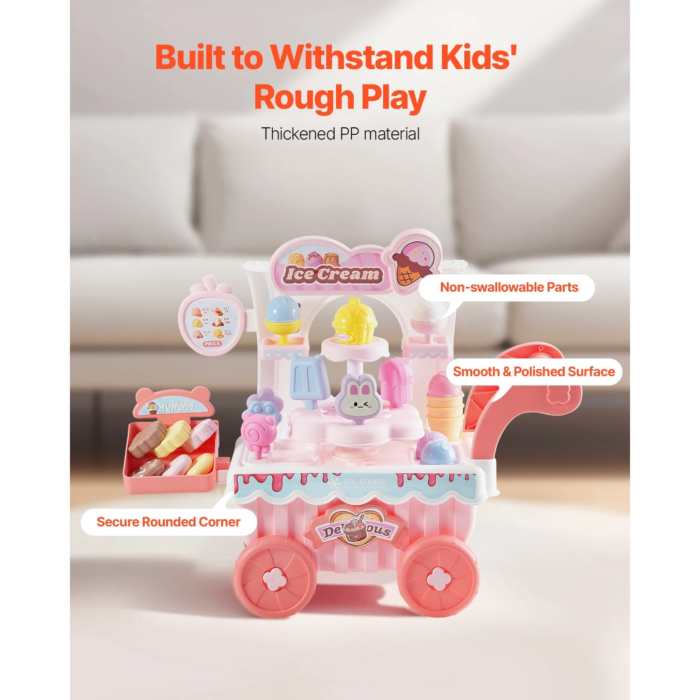 SucceBuy Pink Kids Ice Cream Cart Pretend Play Store Dolly with Sound & Light Effect Montessori Educational Toys for Children
