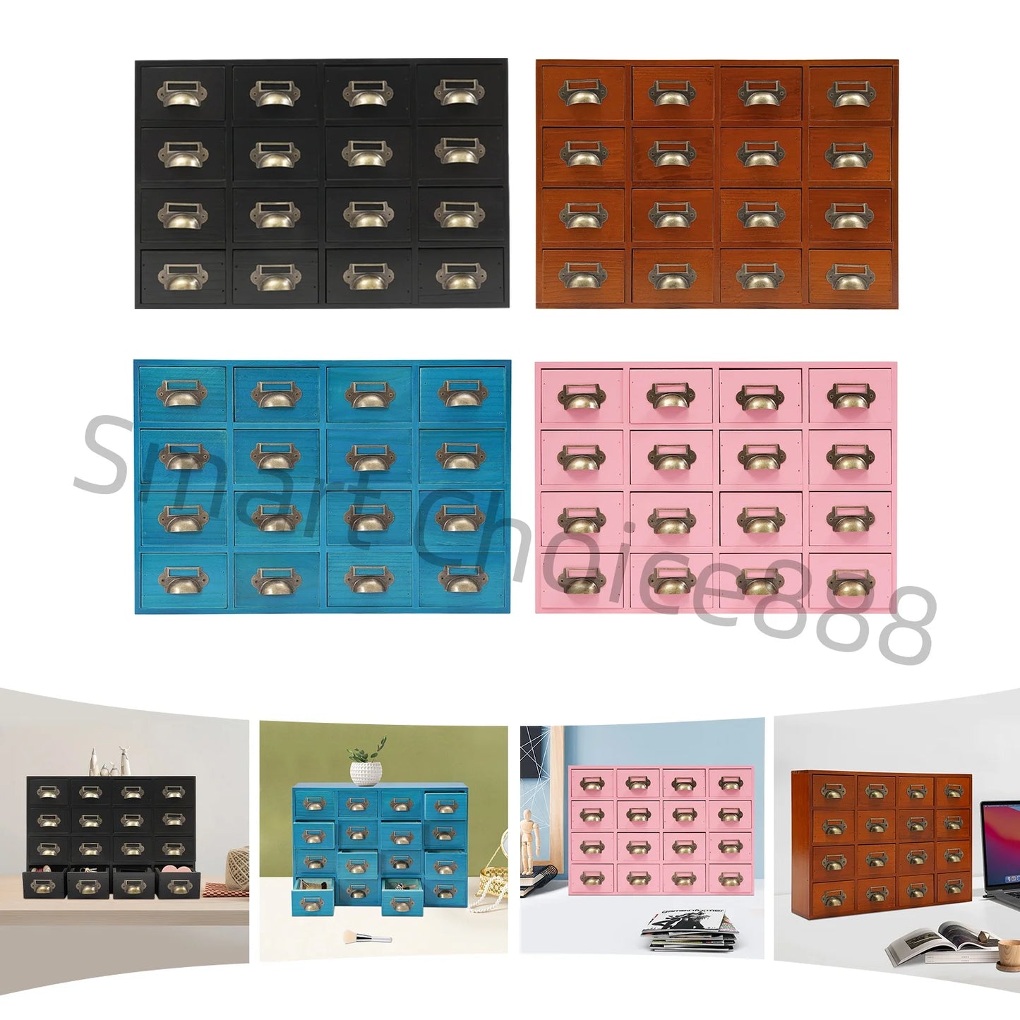 16 Drawers Apothecary Dustproof Mini Drawer Organizer Drawer Box Wood Organizer Craft Cabinet Brown/Black/Pink/Blue