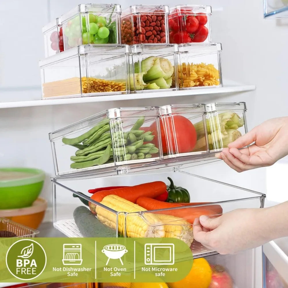 10 Pack Refrigerator Pantry Organizer Bins, Stackable Fridge Organizer Bins with Lids, Clear Plastic Food Storage Bins