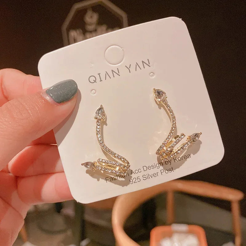 JWER New Exquisite Rhinestone Shiny Zircon Snake Earrings Stud for Ladies Girls with Ear Clip Trendy Street Party Jewelry Gifts