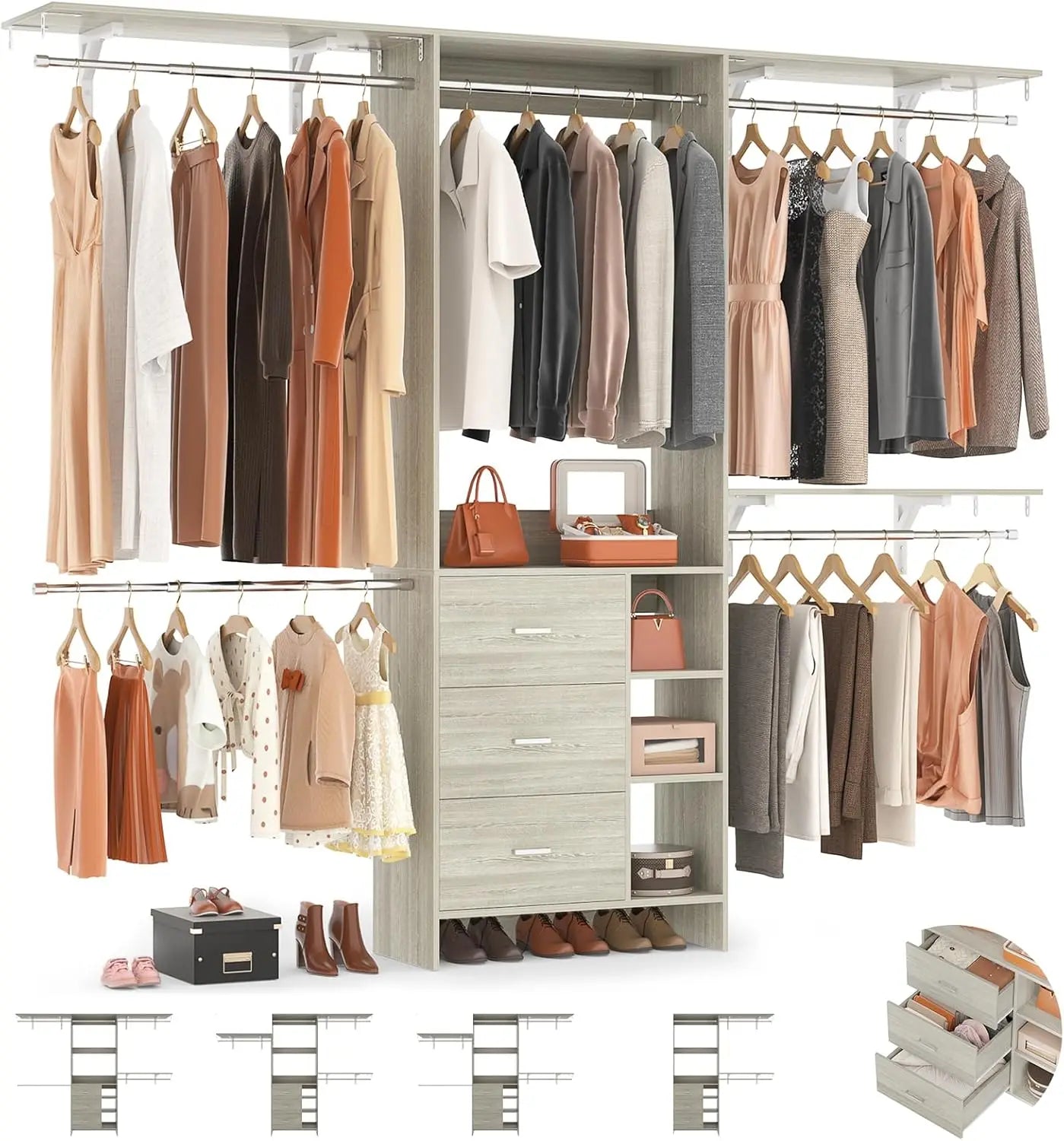 Closet System, Closet Organizer with 3 Wooden Drawers, 8FT Closets Organizer System, 96’’ Walk-in Closet Wardrobe Clothes