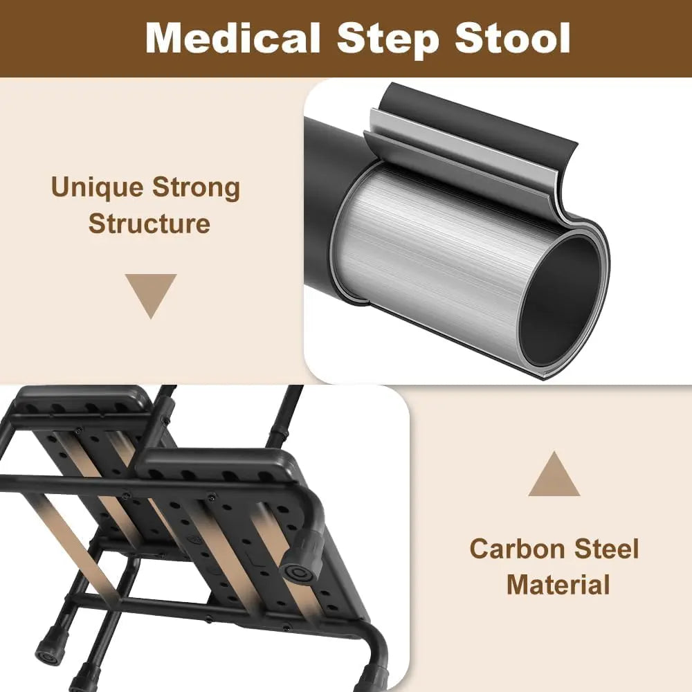 Step Stool with Handle, Medical 2 Step Stool for Elderly with Adjustable Handrail and Reinforced Leg 350LBS