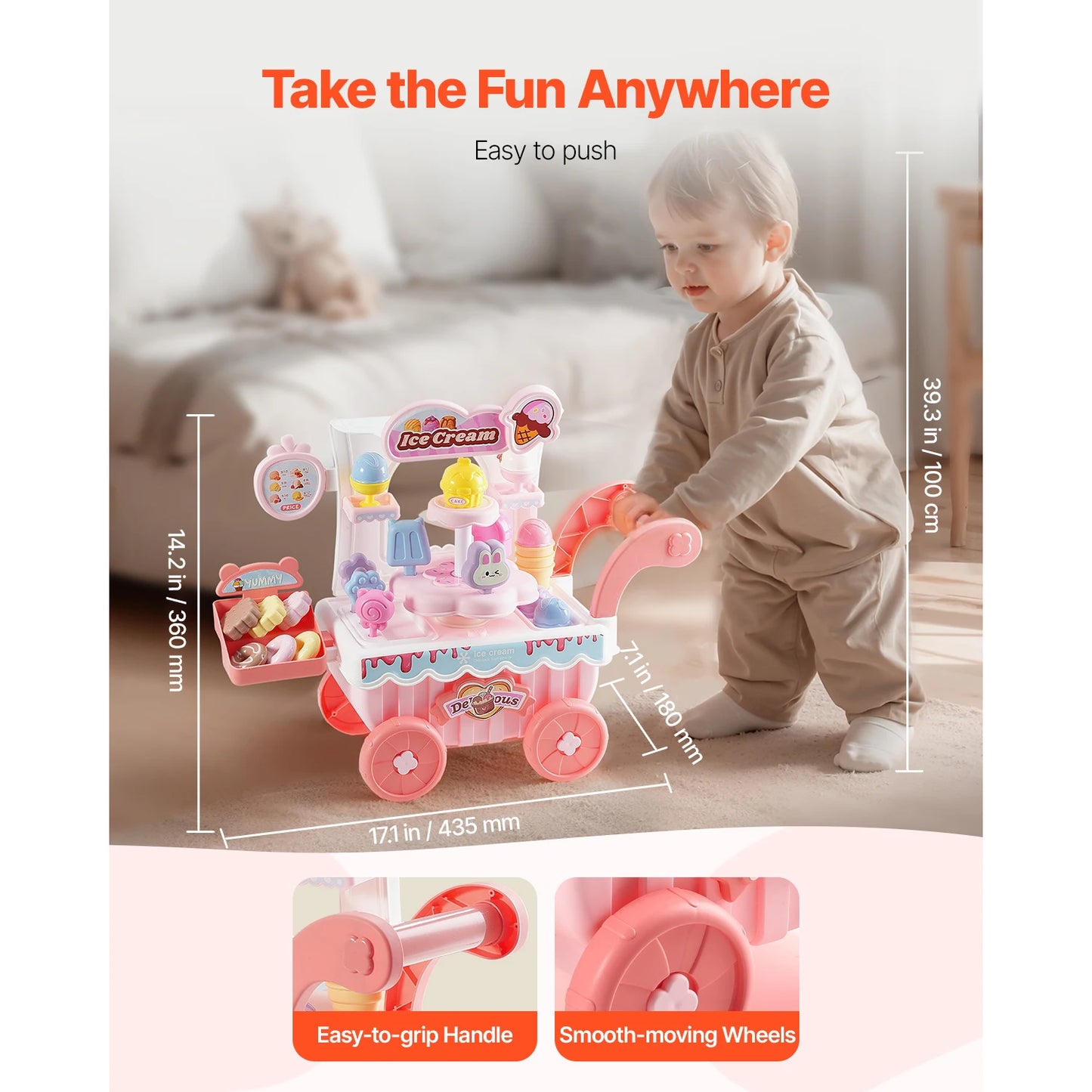 SucceBuy Pink Kids Ice Cream Cart Pretend Play Store Dolly with Sound & Light Effect Montessori Educational Toys for Children