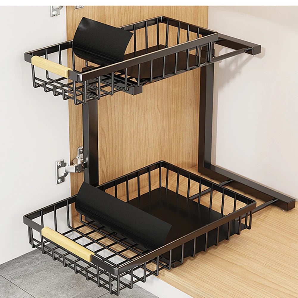 Under Sink Organizer, Pull Out Cabinet Organizer 2 Tier Slide Out Sink Shelf, Carbon Steel Cabinet Storage Shelves For Kitchen