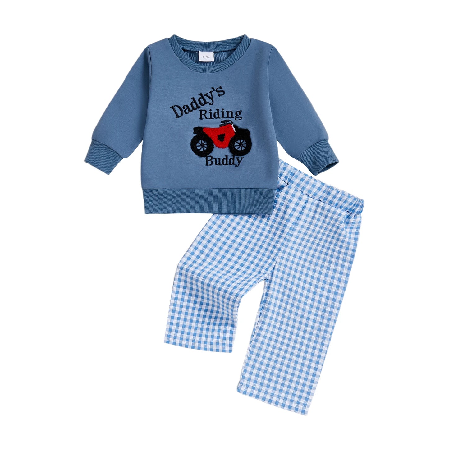 Toddler Boy Autumn Set with Motorcycle Print Sweatshirt and Plaid Pants Long Sleeve Outfit for Baby Boys 2 Piece Clothing Set