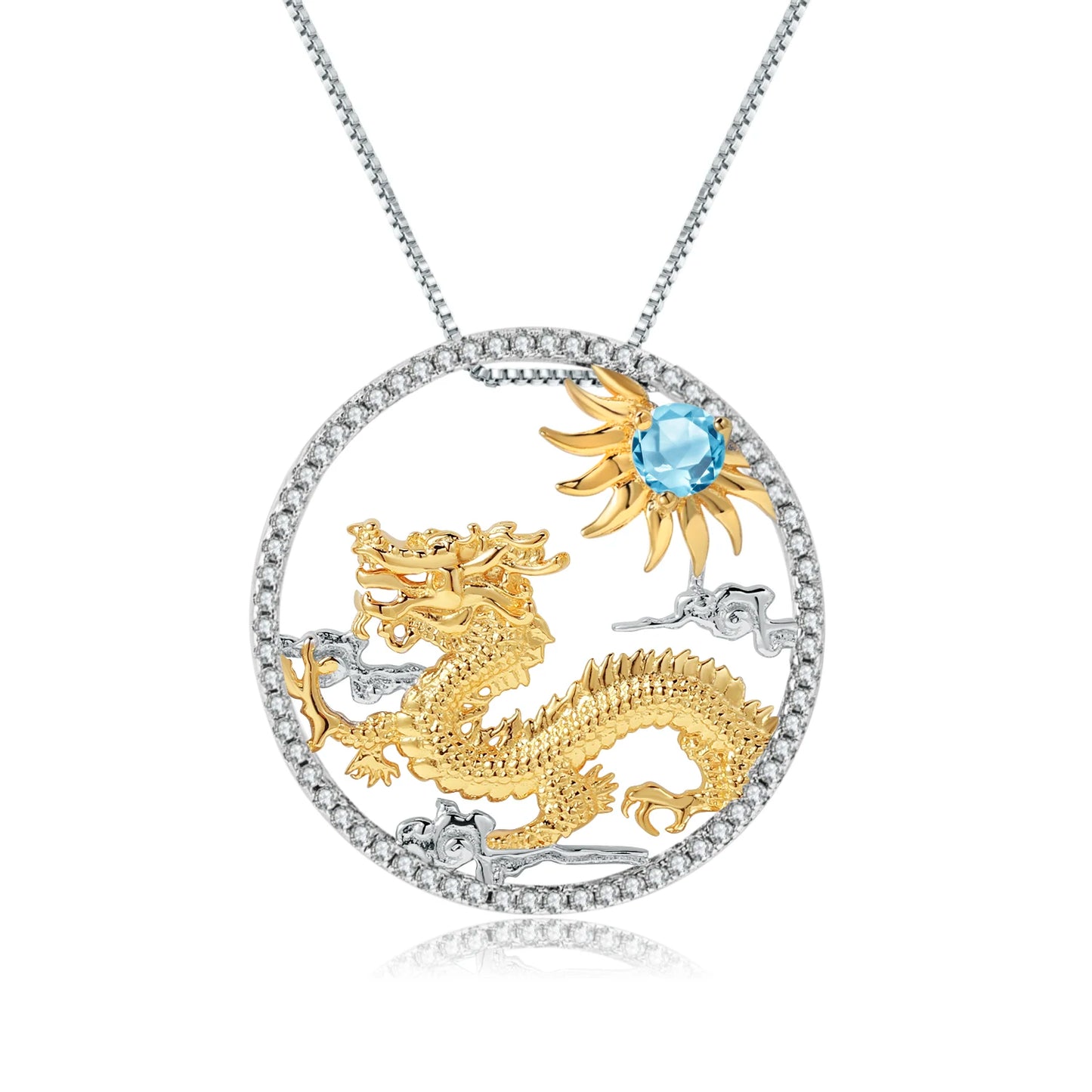 GEM'S BALLET 925 Sterling Silver Natural Swiss Blue Topaz Handmade Dragon Pendant Necklace For Women Chinese Zodiac Jewelry