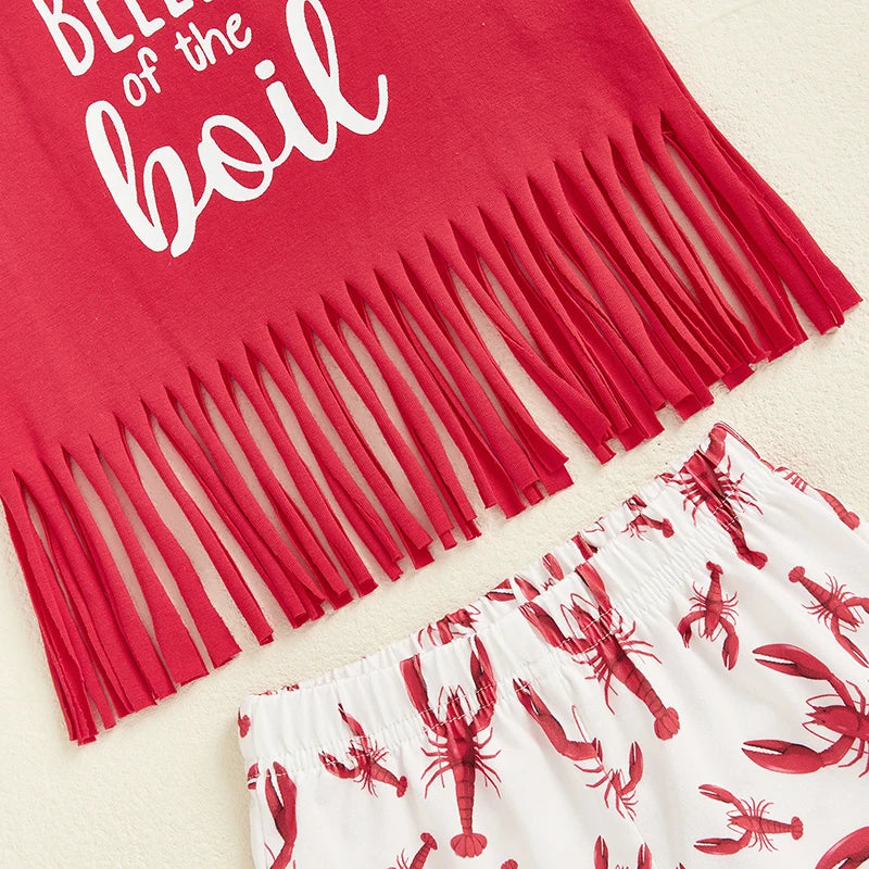 Girls Sleeveless Tank Top and Flare Pants Set Featuring Fun Letters and Lobster Print Design for a Stylish Summer Look