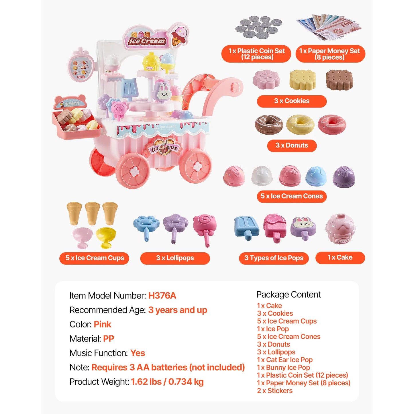 SucceBuy Pink Kids Ice Cream Cart Pretend Play Store Dolly with Sound & Light Effect Montessori Educational Toys for Children