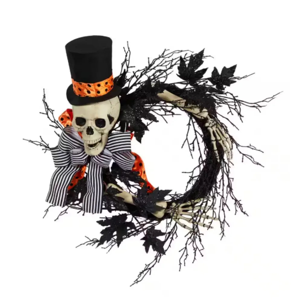 26 in. Black Dapper Skeleton Halloween Wreath，Scare the goblins and ghosts with this fun wreath that will be a hit.