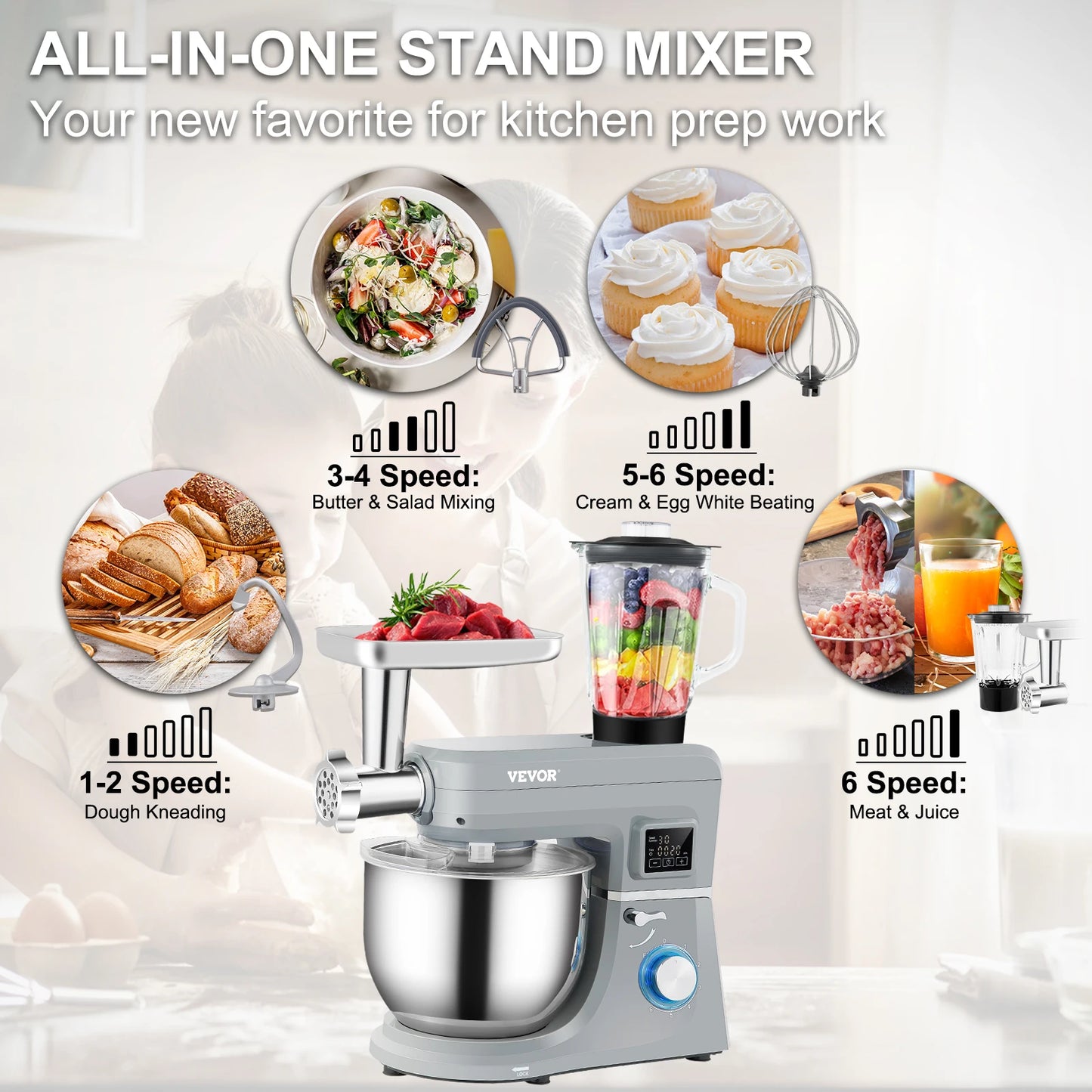 SucceBuy 5 In 1 Stand Mixer 6 Speeds LCD 7.4 Qt Dough Hook