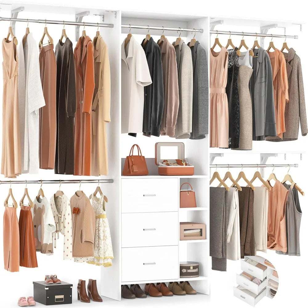 Closet System, Closet Organizer with 3 Wooden Drawers, 8FT Closets Organizer System, 96’’ Walk-in Closet Wardrobe Clothes