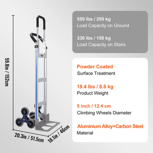 SucceBuy 550lbs Stair Climbing Cart Hand Trolley Heavy Duty with Dual Handles Truck Frame for Warehouse Shopping Airport