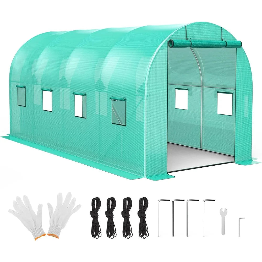 15x7x7 FT Walk-in Greenhouse with 2 Roll-Up Zipper Doors and 8 Windows, Garden Plant Hot House with Galvanized Steel Frame