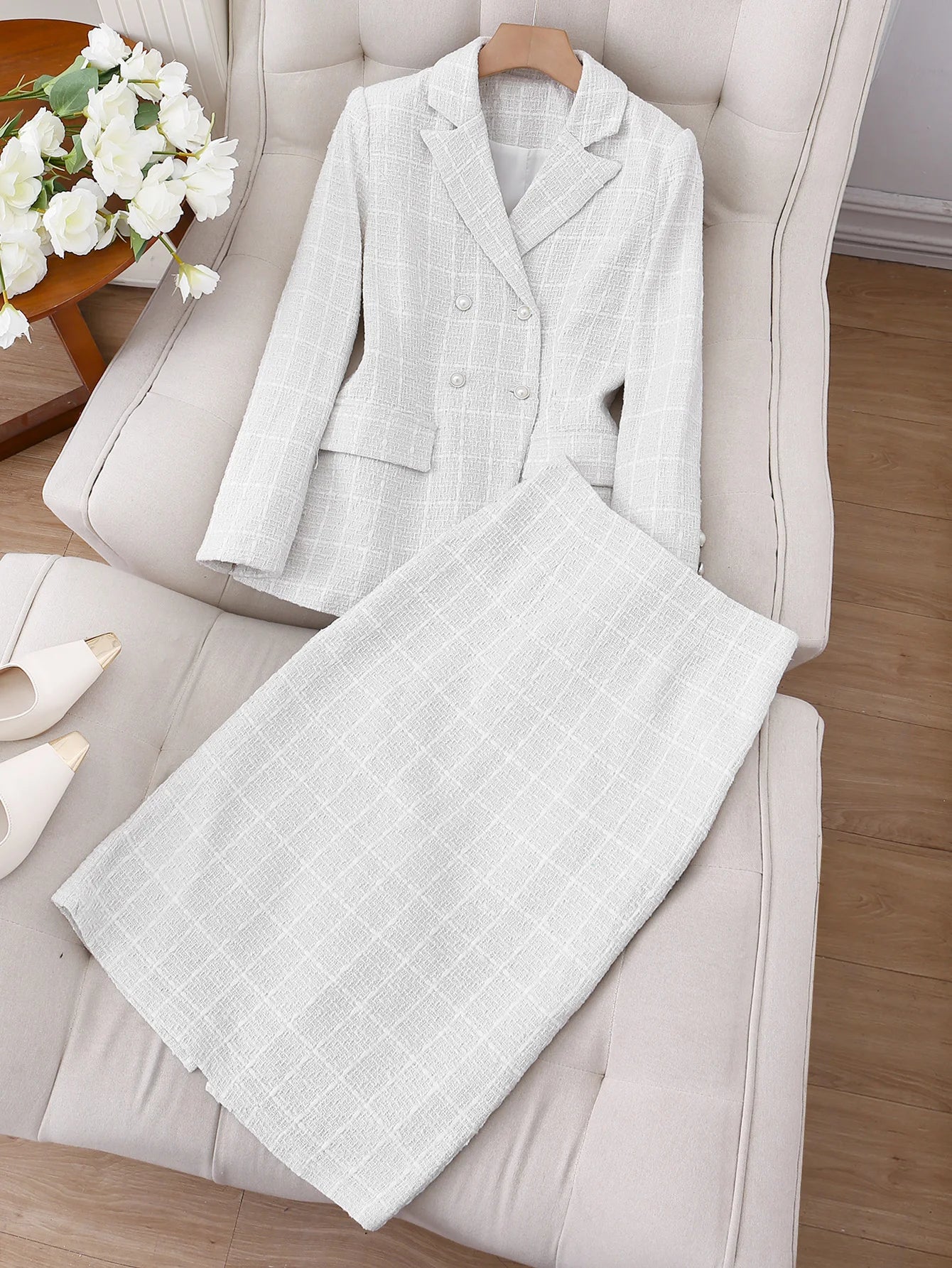 Women Regular Fit Lapel Collar Jacket And Skirt Set