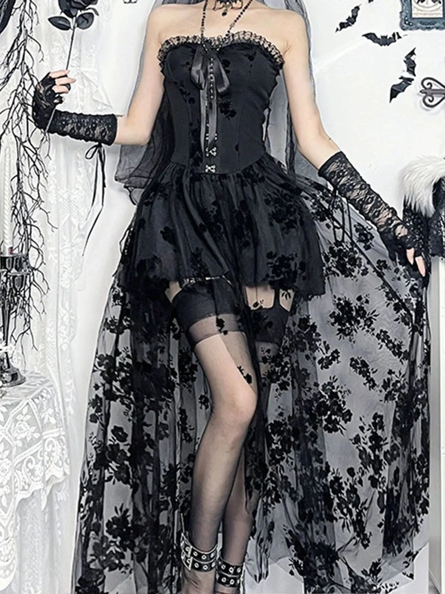 Black Lace Off Shoulder Maxi Dress for Women Vintage Victorian Gothic Embroidered Sleeveless A-Line Gown with Mesh Insets