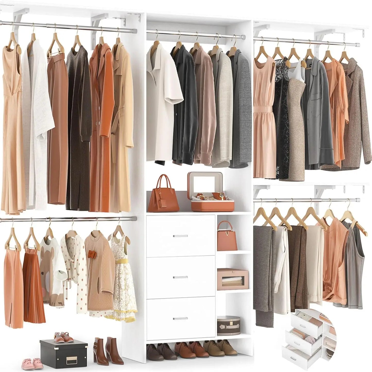 Closet System, Closet Organizer with 3 Wooden Drawers, 8FT Closets Organizer System, 96’’ Walk-in Closet Wardrobe Clothes