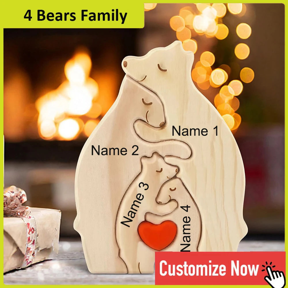 Personalized Custom Bear Family Wooden Puzzle DIY Free Engraving Name Sculpture Home DeskDecor Figurines Christmas Birthday Gift