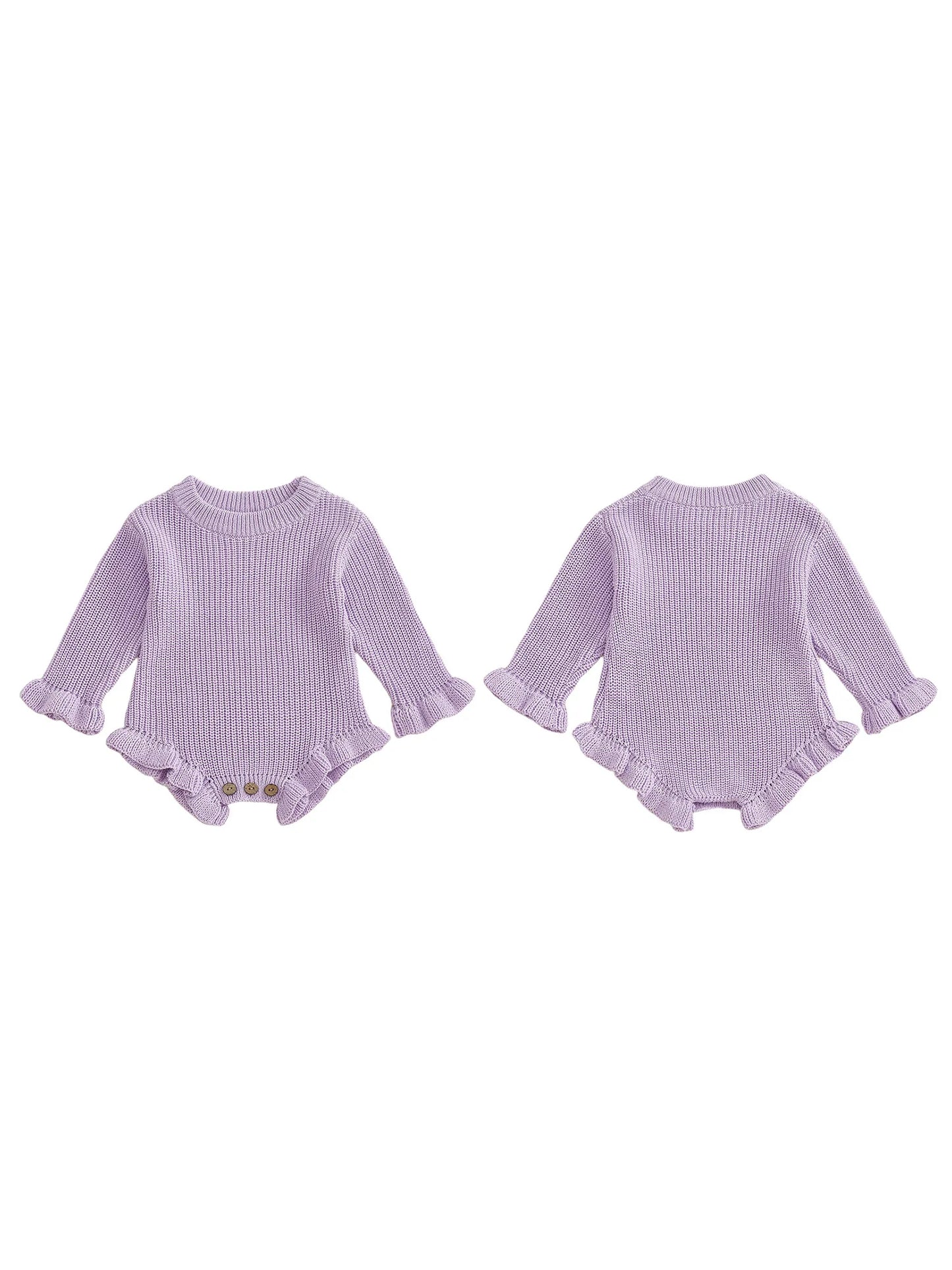 Infant Autumn Knitted Bodysuit with Ruffled Sleeves and Round Neckline Solid Color Sweater Jumpsuit for Baby Girls