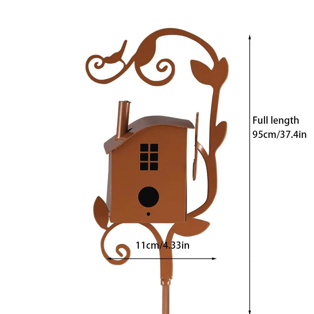 Metal Birdhouse Art Stake Outdoor Rustic Bird House Stand Garden Yard Decor