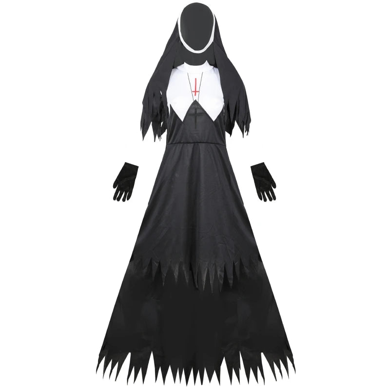 Halloween Costume with Hat Gloves Vampire Demon Costume Cross Print Long Dress Party Costume Women Nun Costume Cosplay Costumes