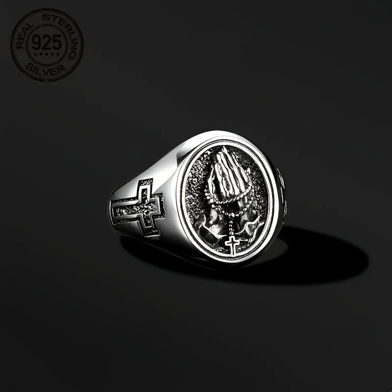 925 Sterling Silver Praying Hands Cross Rings for Men Vintage Punk Signet Believers Religious Ring Christian Jewelry