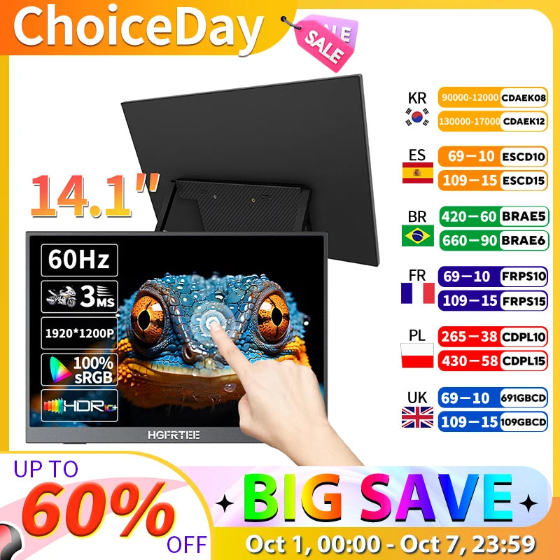 14.1 inch Portable Monitor 10-Point Touchscreen 100%sRGB 1200P IPS Second External Screen for Laptop Phone Mac Xbox Switch PS4/5