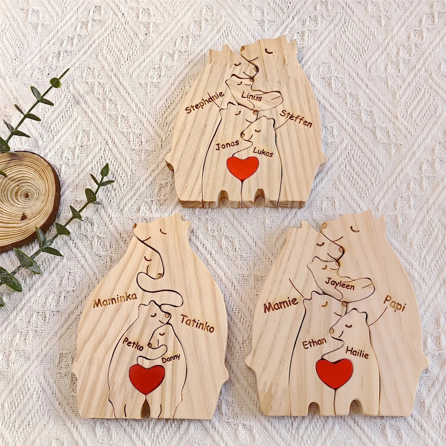 Personalized Custom Bear Family Wooden Puzzle DIY Free Engraving Name Sculpture Home DeskDecor Figurines Christmas Birthday Gift