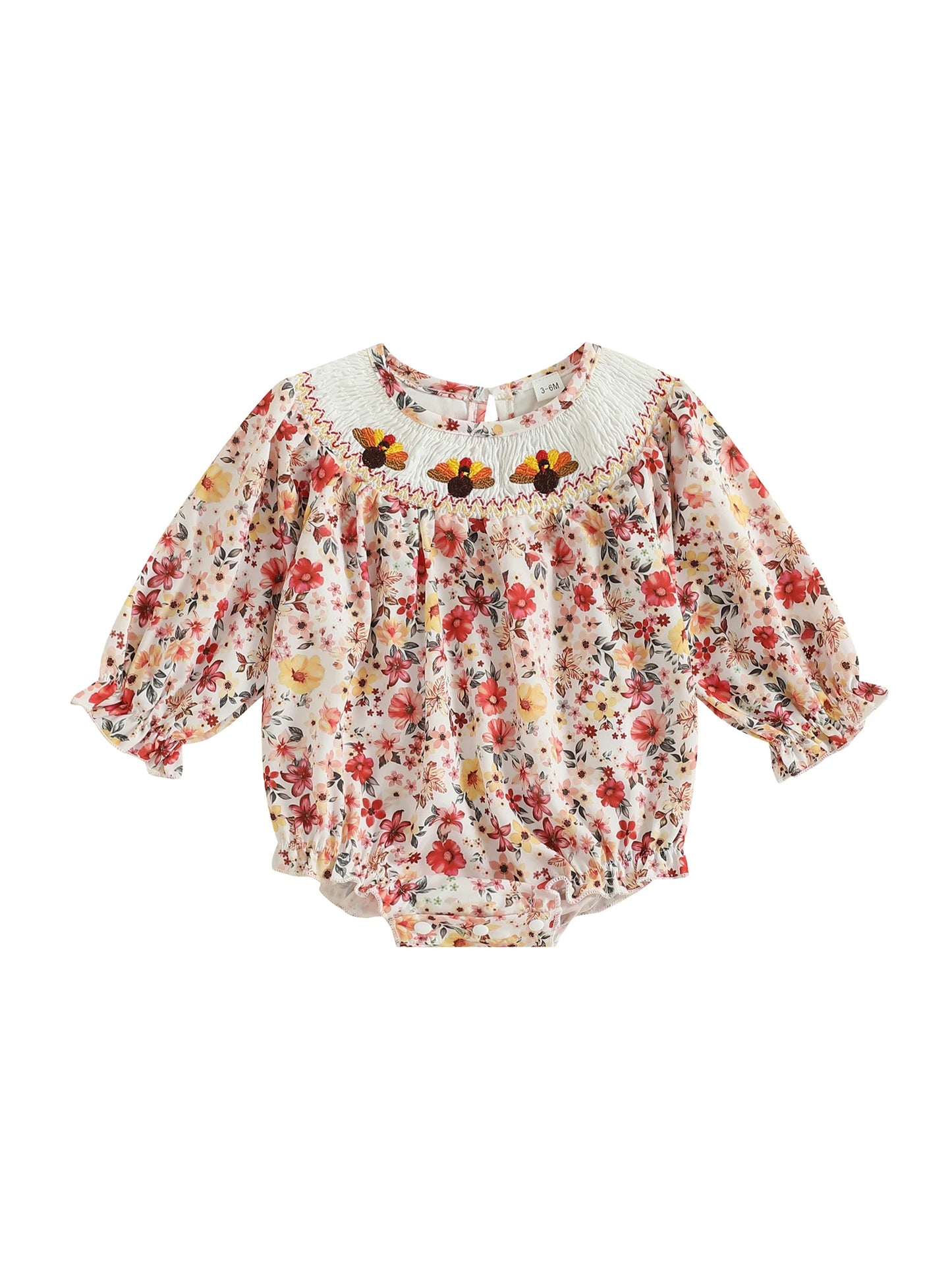 Thanksgiving Baby Girl Romper with Turkey and Pumpkin Print Long Sleeve Crewneck Smocked Bodysuit for Fall Adorable Autumn