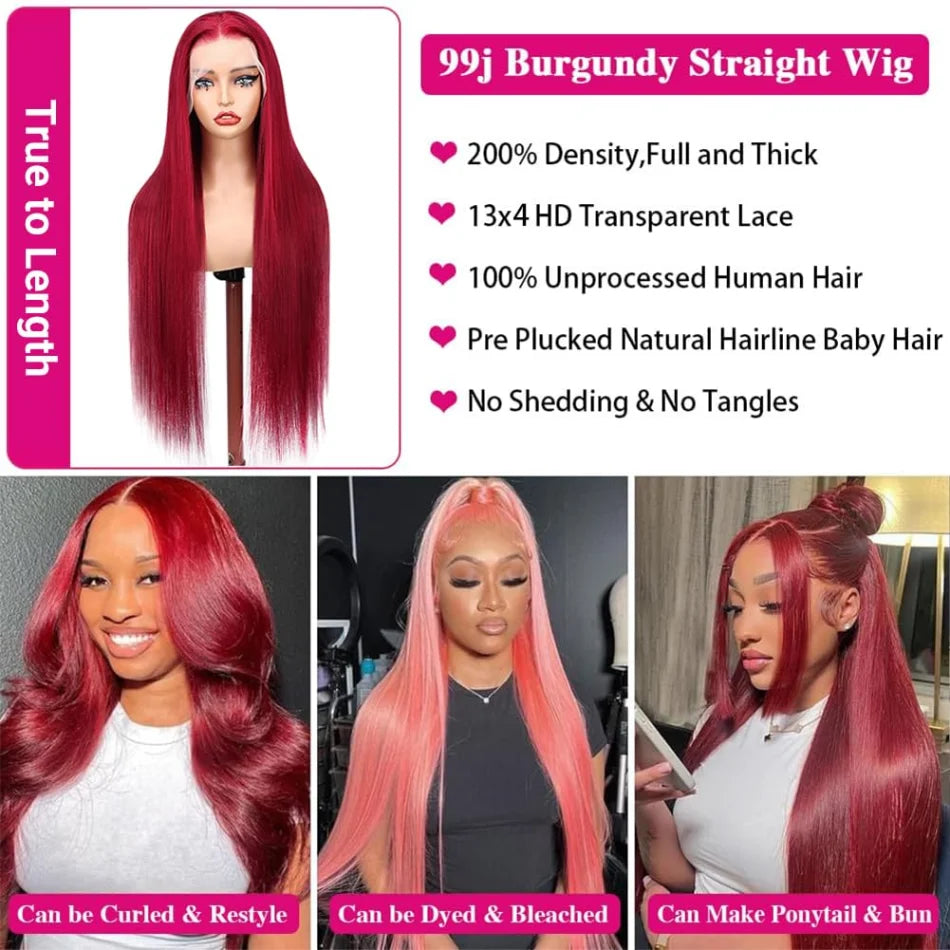 99J Burgundy 13X6 Hd Lace Frontal Human Hair Wigs Straight Lace Front Wigs Pre Plucked 250 Density 30 Inch Pre Plucked For Women