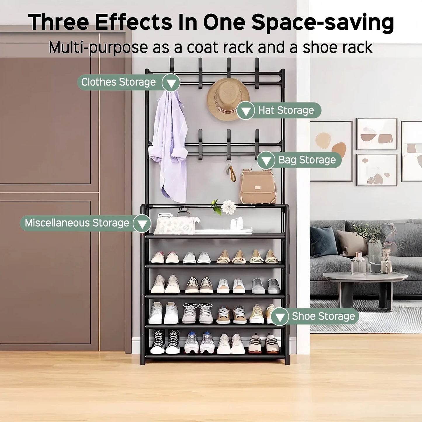 Coat Rack with Shoe Rack Organizer, 3-in-1 Metal Hall Tree with 5-Tier Shelf and 8 Removable Hooks, Freestanding Coat Shoe Rack