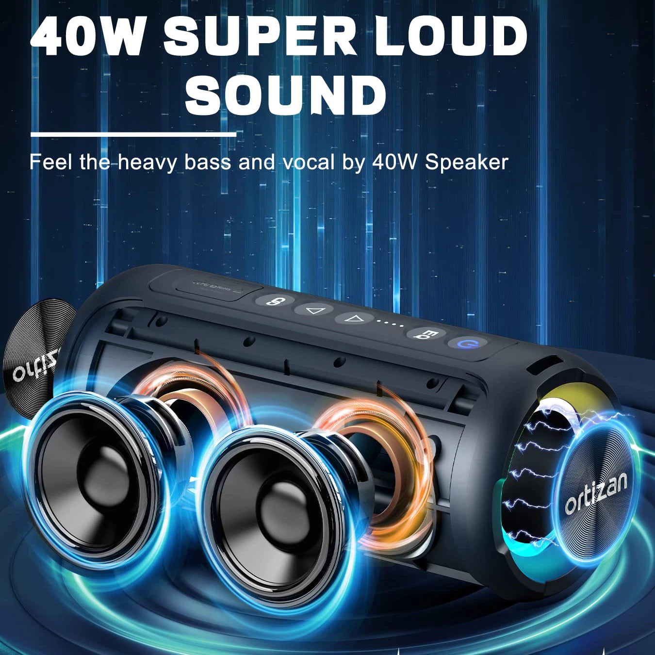 Ortizan 40W Loud Sound Speakers - IPX7 Waterproof, Portable Wireless Stereo Speaker, Dual Pairing, Deep Bass, LED Light