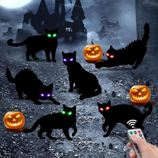 6Pack Black Cat Halloween Decorations Outdoor with LED Glowing Eyes Lights Black Cat Yard Stakes Halloween Decor Waterproof Out