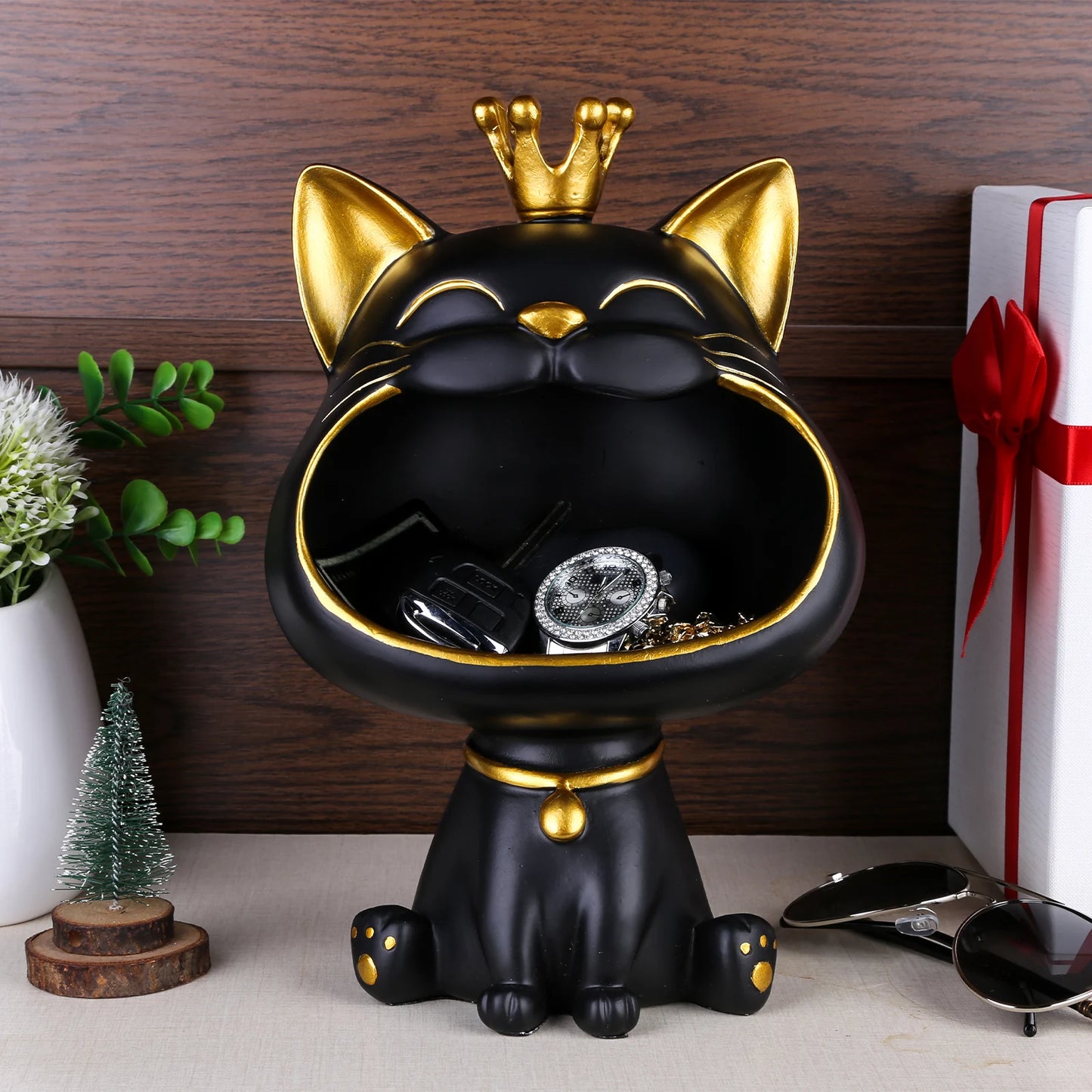 Laughing Cat Statue Resin Lucky Cat Statue Decoration Creative Big Mouths Cat Statue Cute Desktop Storage Accessories