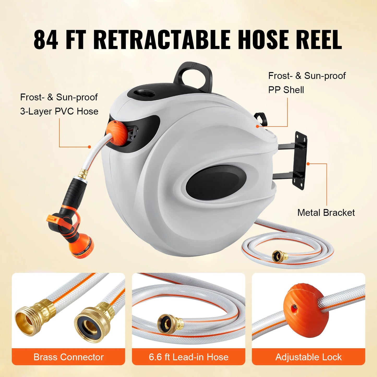 SucceBuy Retractable Hose Reel 180° Swivel Bracket Wall-Mounted Garden Water Hose Reel with 9-Pattern Nozzle Automatic Rewind