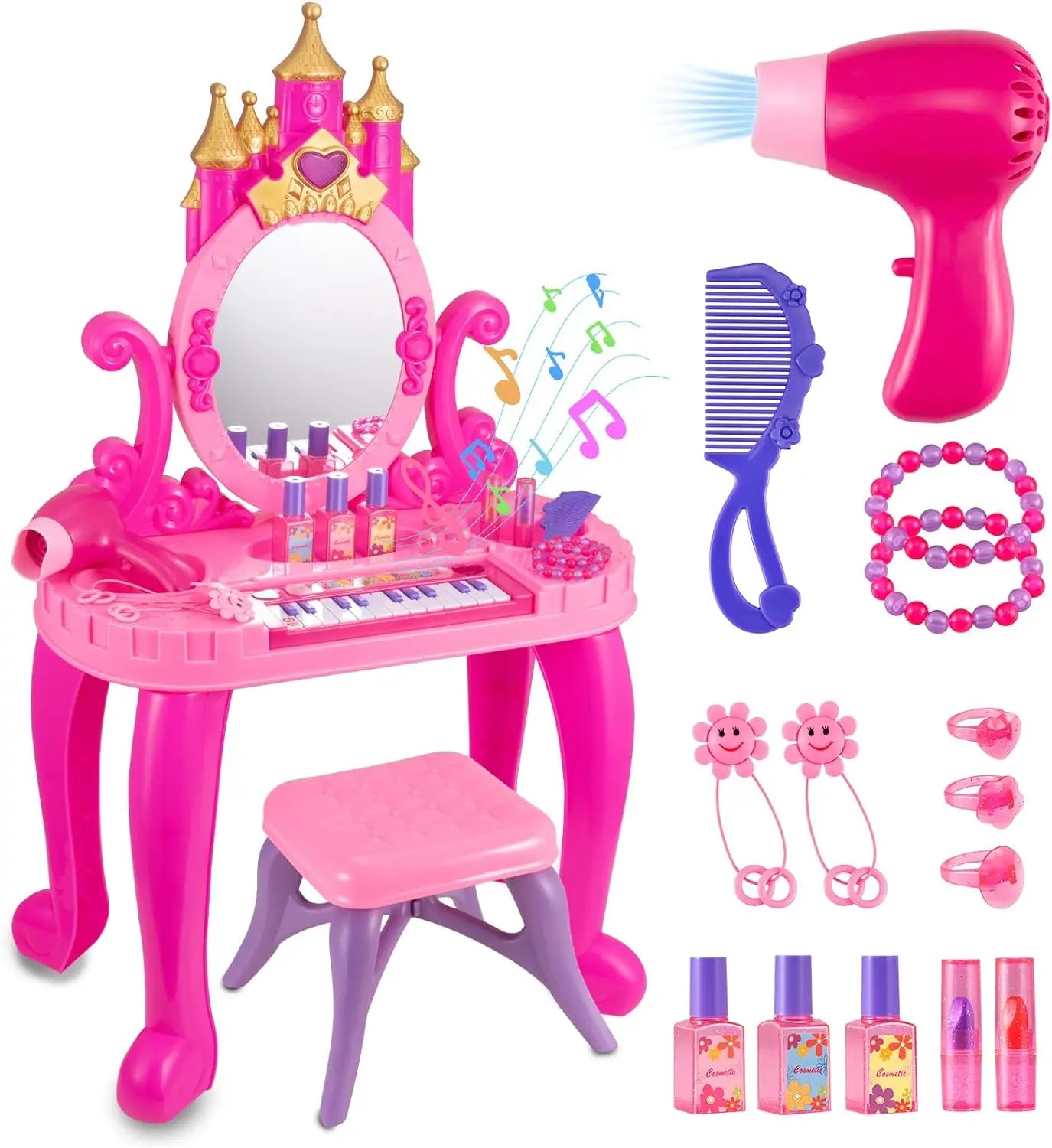 Vanity Makeup Table Toy with Adjustable Mirror, Comfortable Seat, Electronic Organ, Lights for Little Girls Toddler Vanity Set