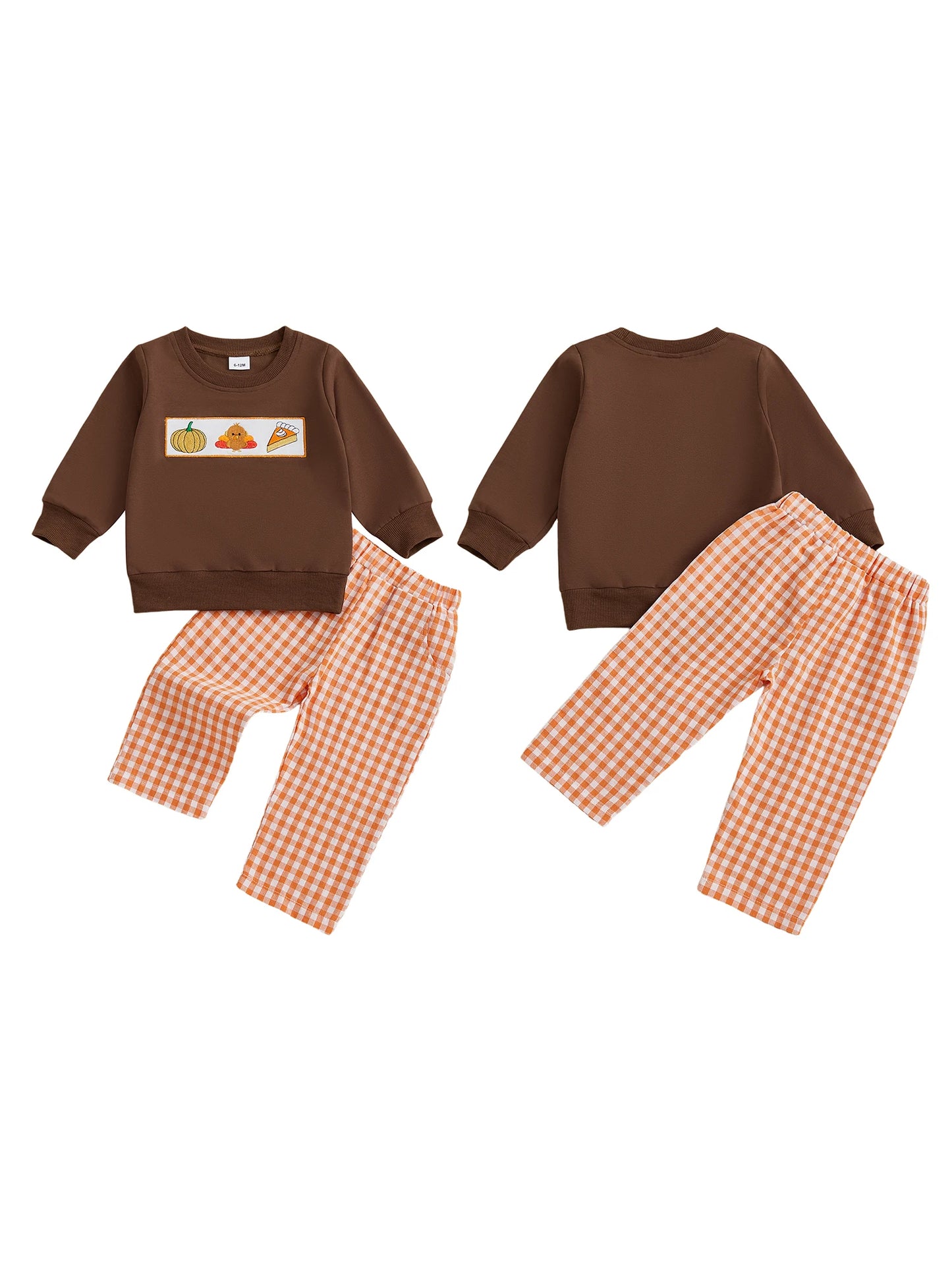 Baby Thanksgiving Outfit Turkey Print Long Sleeve Top and Plaid Pants Set with Elastic Waistband for Toddler Girls