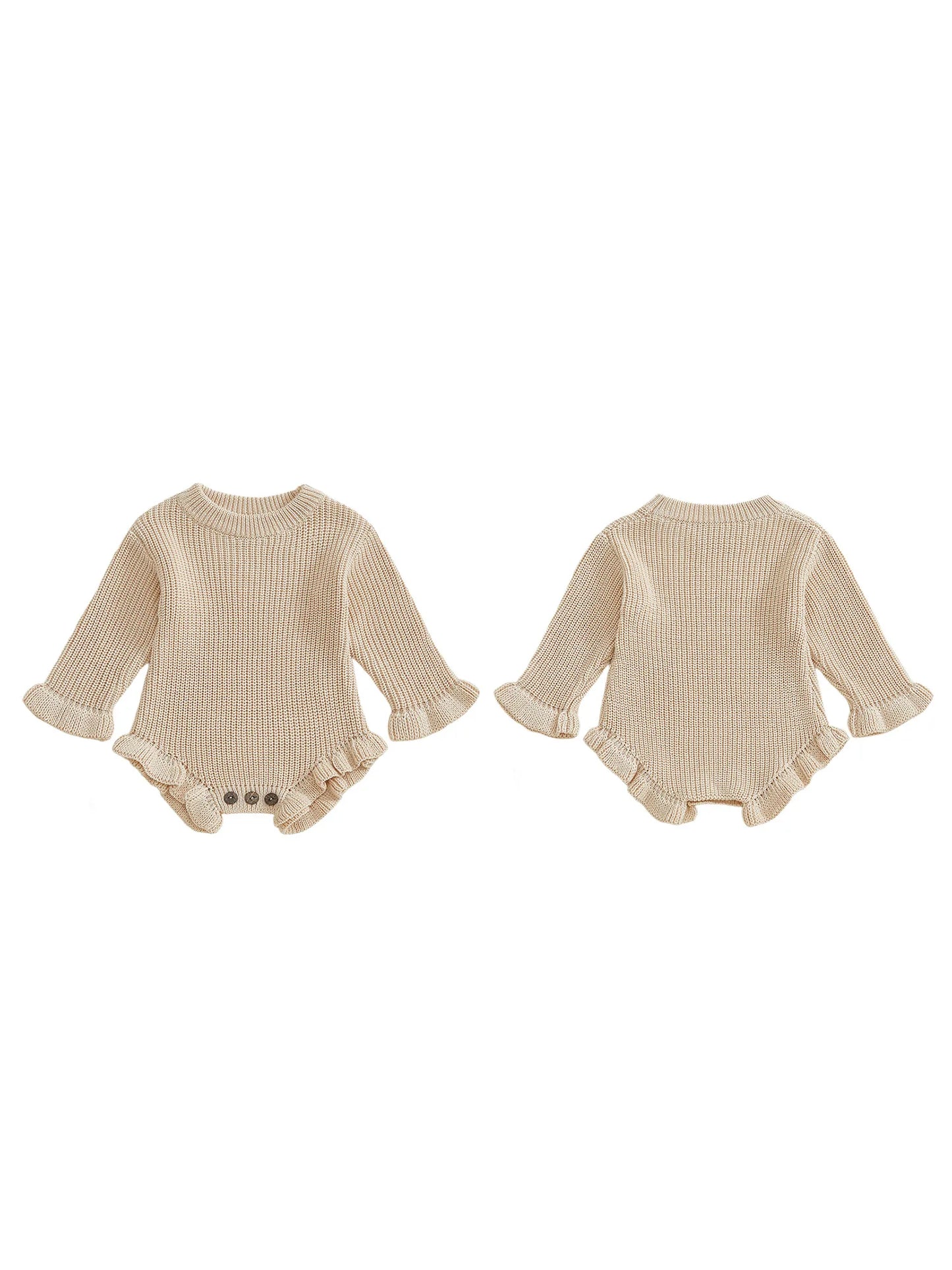 Infant Autumn Knitted Bodysuit with Ruffled Sleeves and Round Neckline Solid Color Sweater Jumpsuit for Baby Girls
