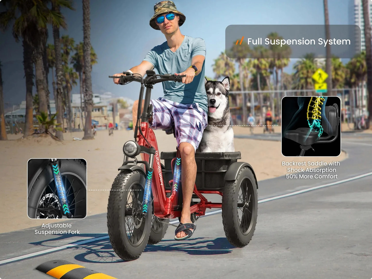 PUCKIPUPPY Husky Electric Trike for Adult 960W Peak Motor 60 Miles Range Pickup Class Tricycle 500 Lbs Load Electric Trike