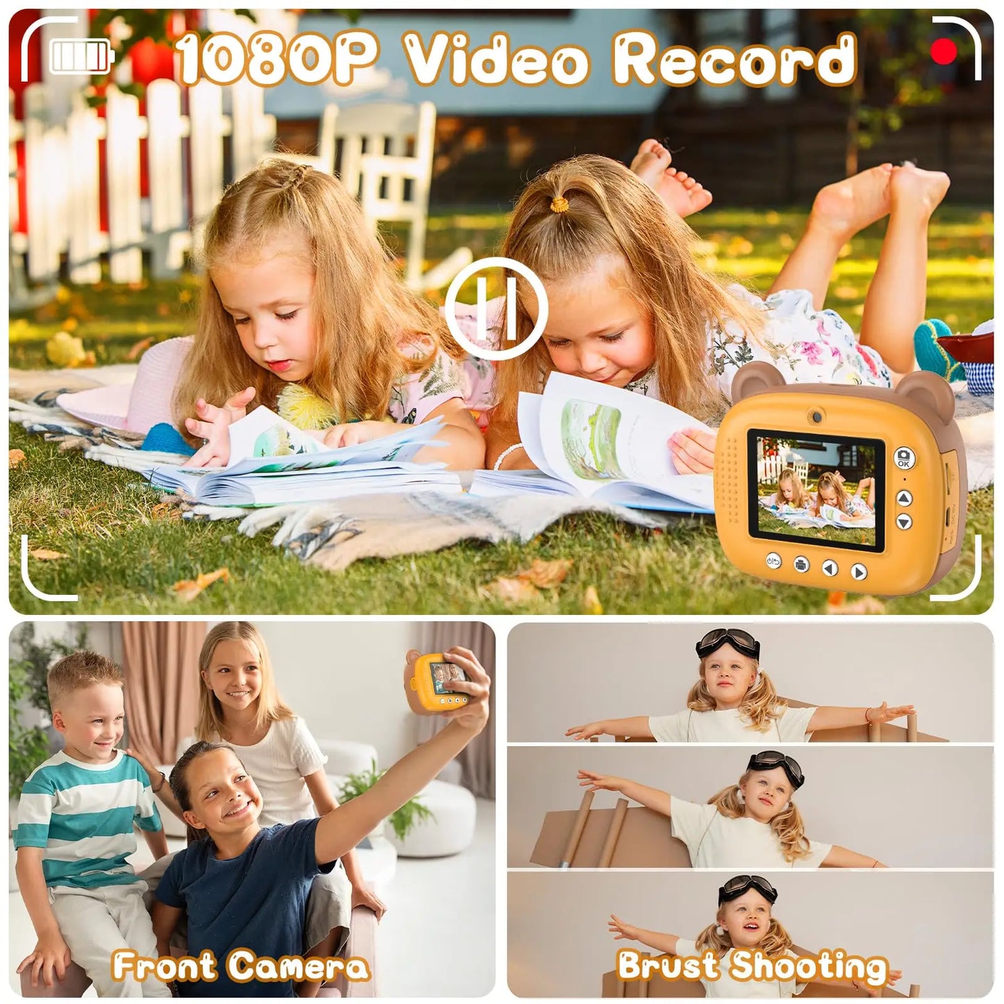 Kids Instant Camera 2.4 Inch Screen 12MP 1080P HD Instant Print Digital Camera Birthday Gifts For 3-12 Years Old Children
