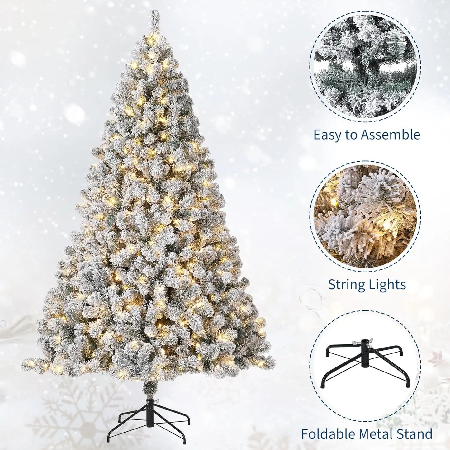 7.5FT Christmas Tree Prelit Artificial Christmas Tree With 450 Warm White Lights Realistic Flocked Material Holiday Decoration