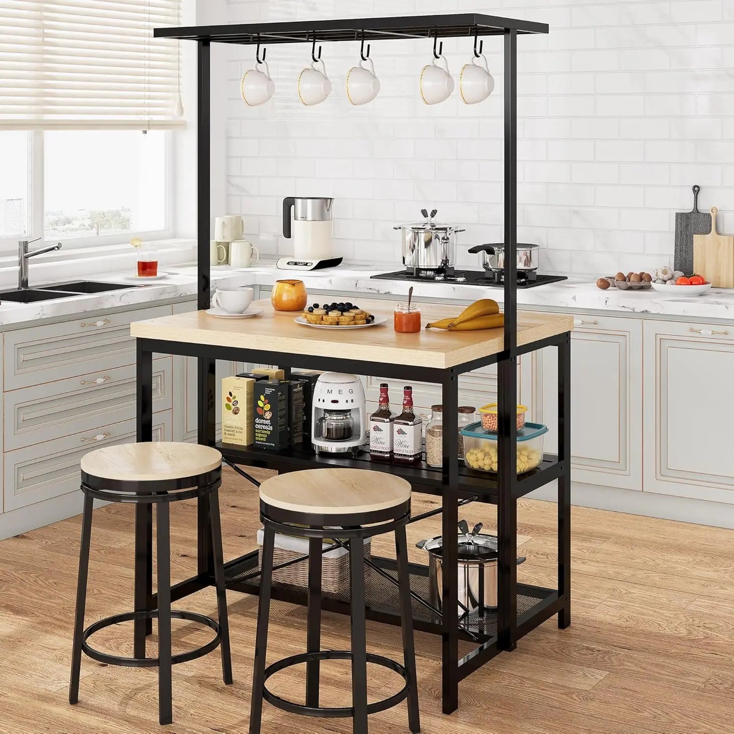 Kitchen Island with Storage, Bakers Rack with Power Outlet, Island Table for Kitchen,3 Tier Microwave Stand Oven Shelf Bar Table