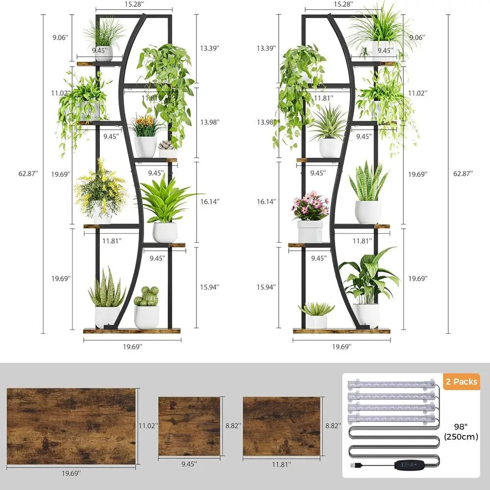 IRONCK Indoor Plant Stand with Grow Light 2 Set - 62" Tall Corner Shelf, 7 Tier S-Shape Plant Display Shelves  for Home & Office
